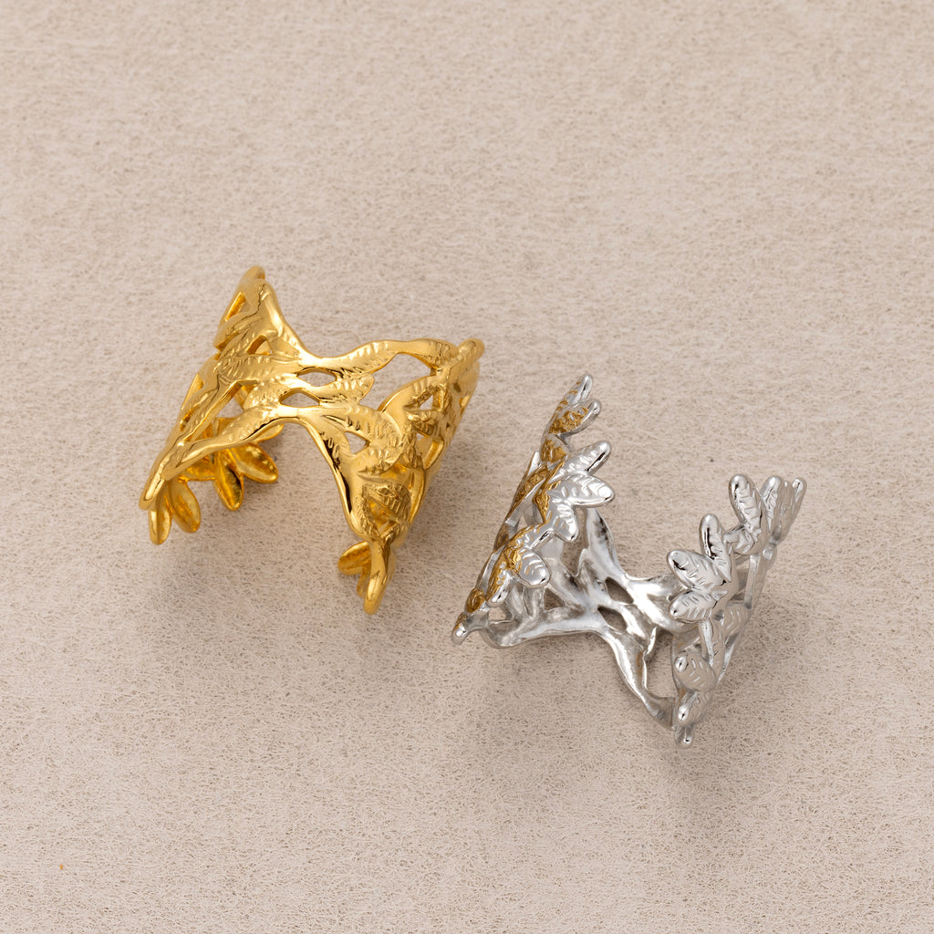 Gold PVD Stainless Steel Leaf Branch Adjustable Statement Ring