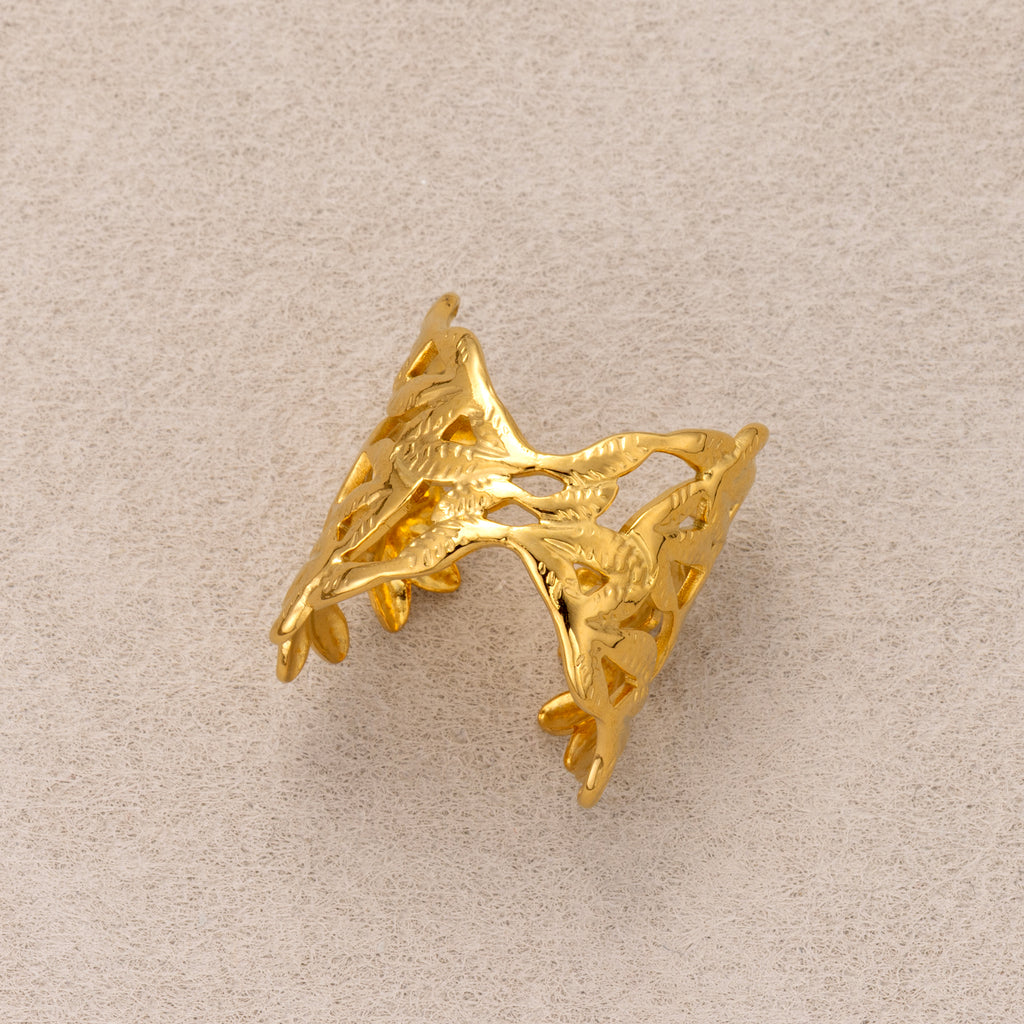 Gold PVD Stainless Steel Leaf Branch Adjustable Statement Ring