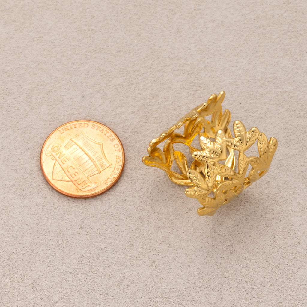 Gold PVD Stainless Steel Leaf Branch Adjustable Statement Ring