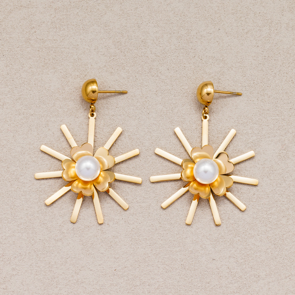 Gold PVD Stainless Steel Shell Pearl Sunburst Flower Stud Earrings
