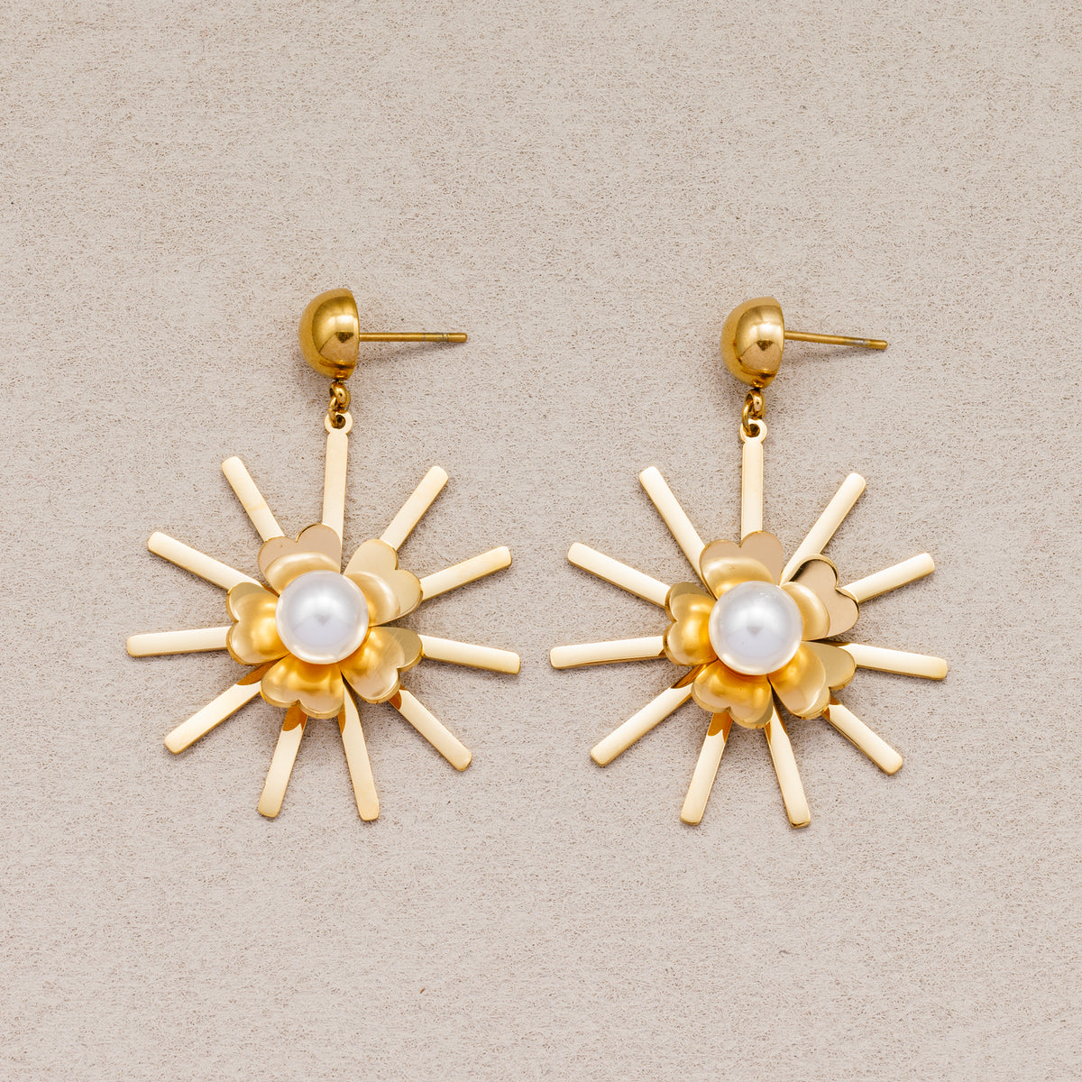 Gold PVD Stainless Steel Shell Pearl Sunburst Flower Stud Earrings