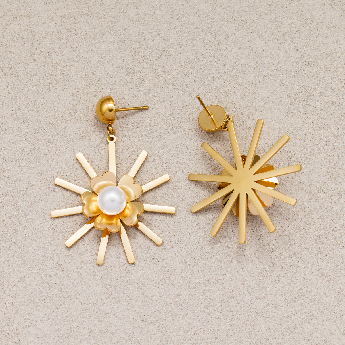 Gold PVD Stainless Steel Shell Pearl Sunburst Flower Stud Earrings