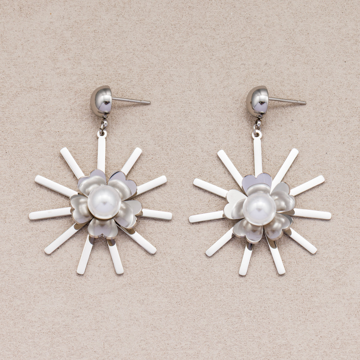 Gold PVD Stainless Steel Shell Pearl Sunburst Flower Stud Earrings