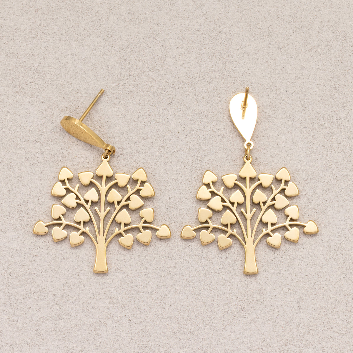 Gold PVD Stainless Steel Heart Leaf Tree of Life Drop Stud Earrings