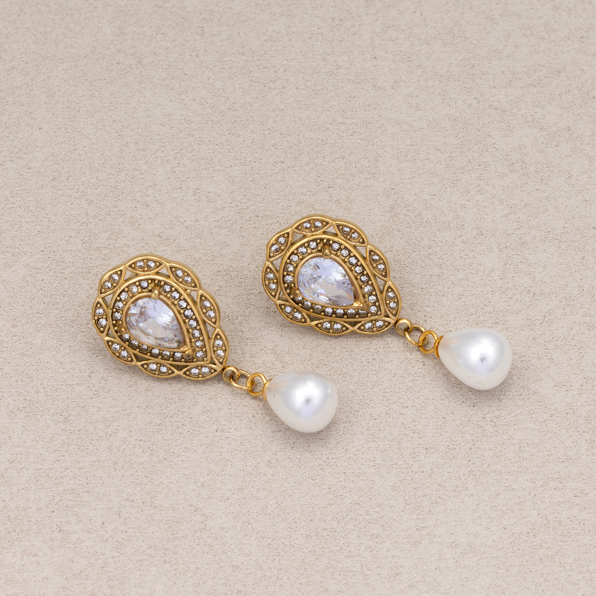 Gold PVD Stainless Steel Shell Pearl Vintage Teardrop Stud Earrings