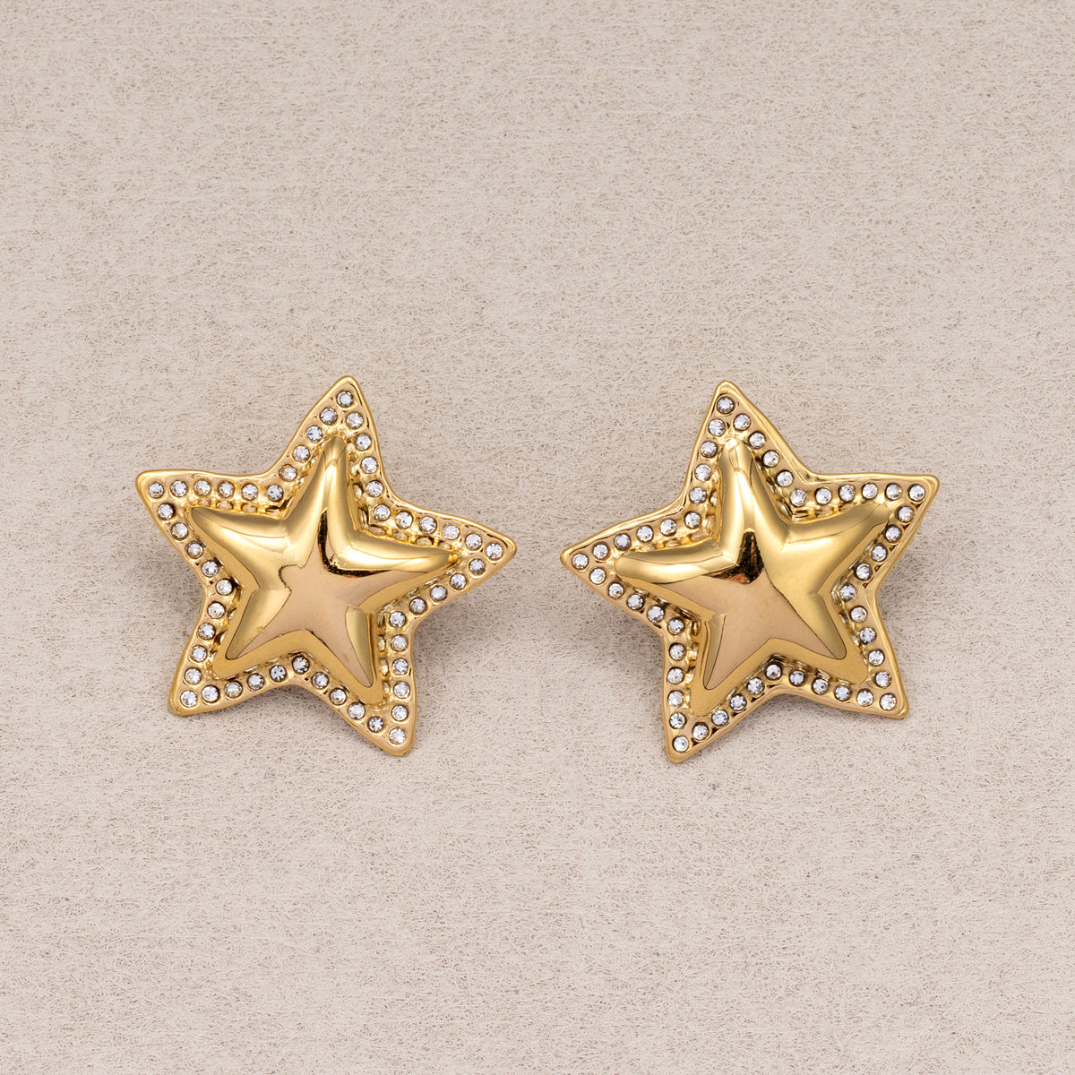 Gold PVD Stainless Steel Micro Paved CZ Puffy Celestial Star Stud Earrings