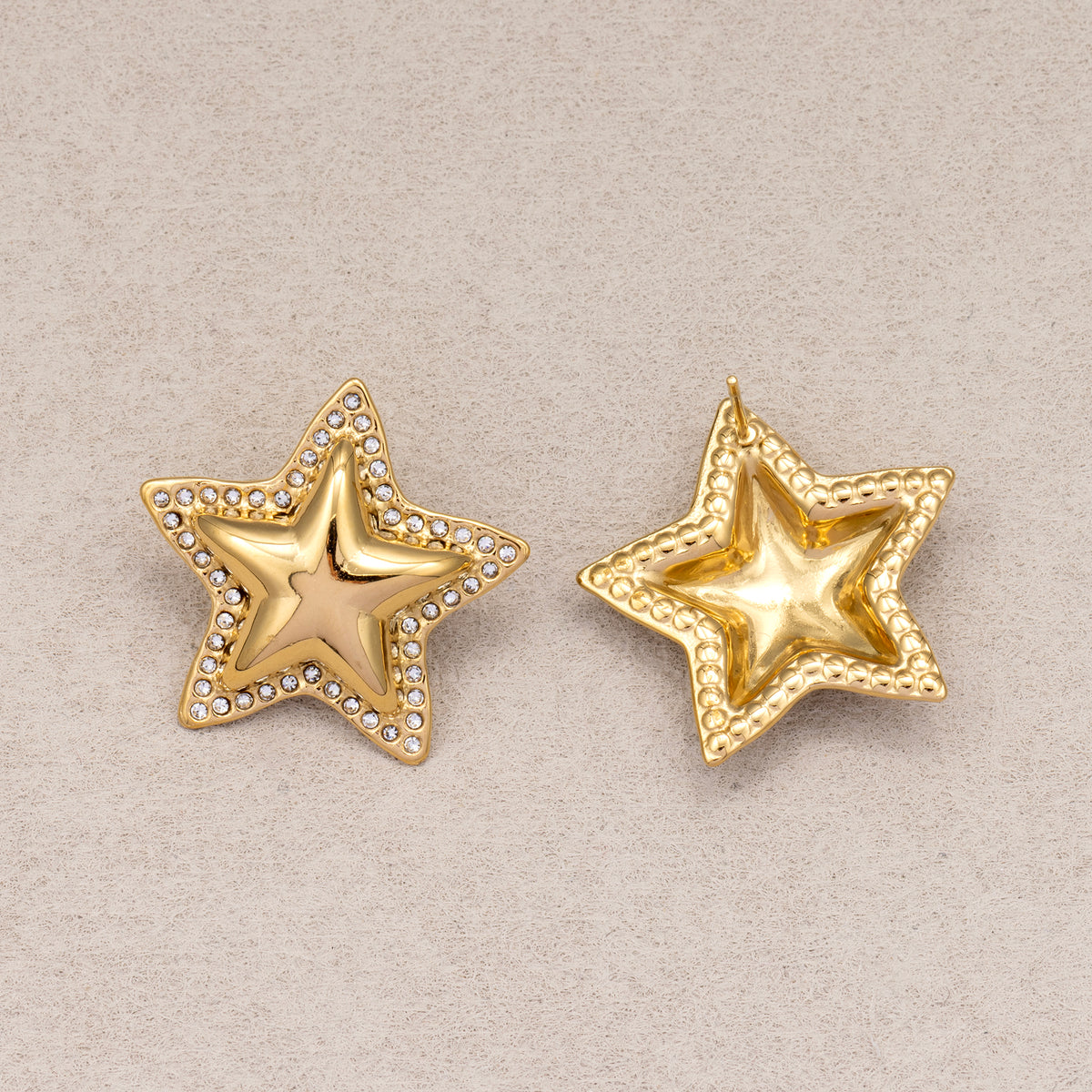 Gold PVD Stainless Steel Micro Paved CZ Puffy Celestial Star Stud Earrings