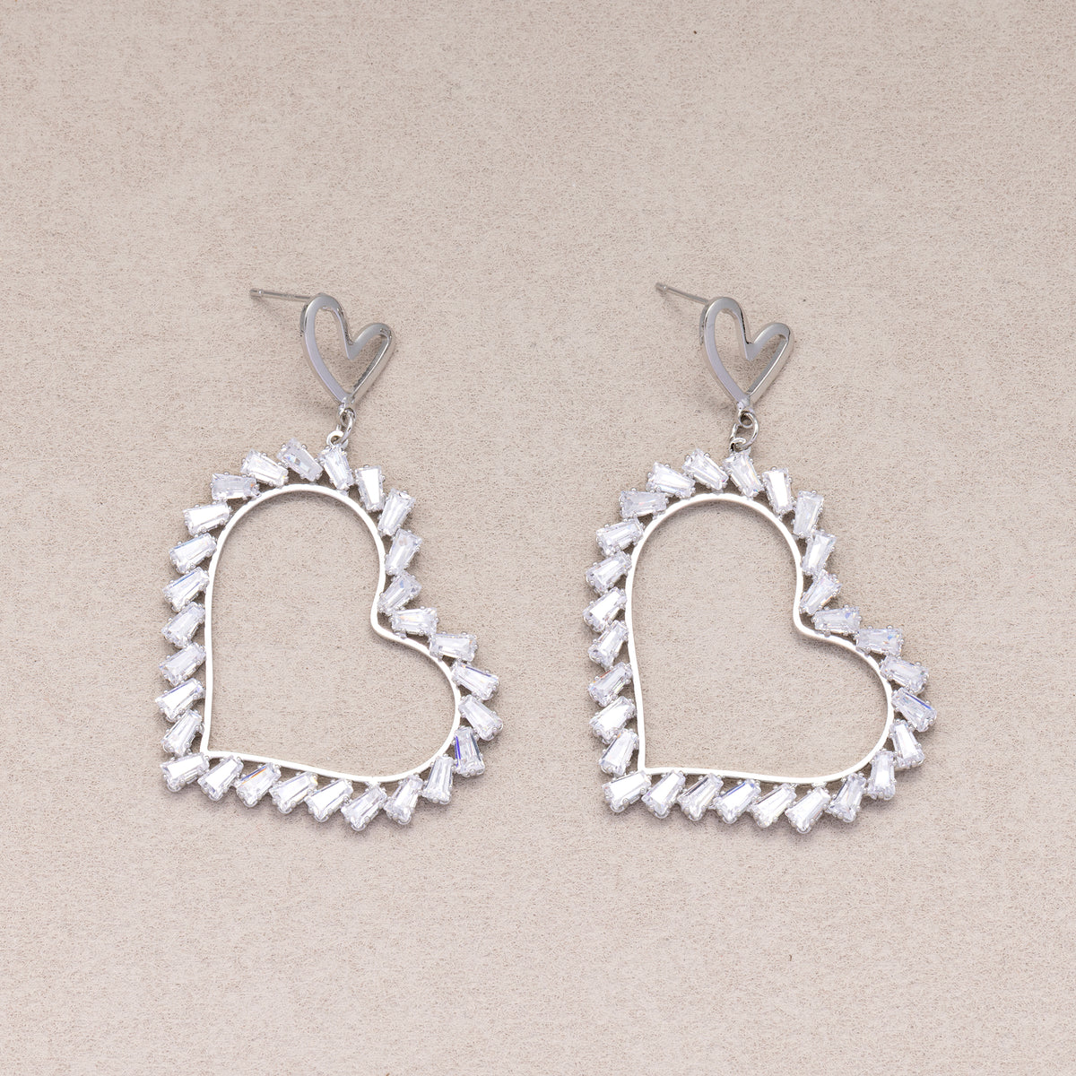 Rhodium Plated Micro Paved CZ Open Baguette Love Heart Stud Earrings