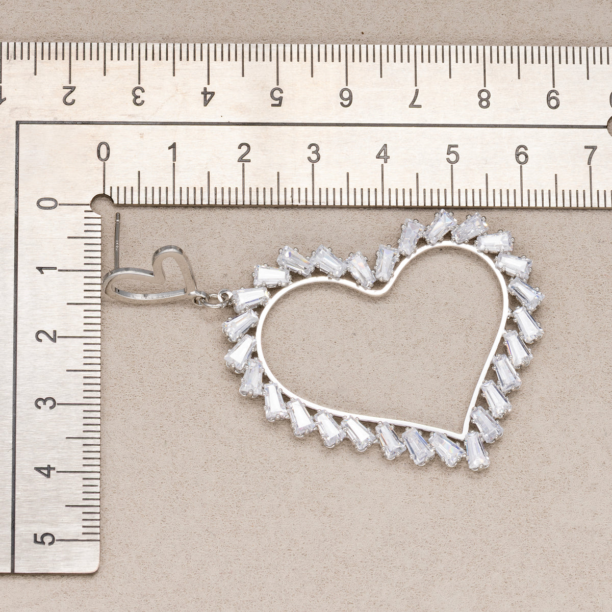 Rhodium Plated Micro Paved CZ Open Baguette Love Heart Stud Earrings