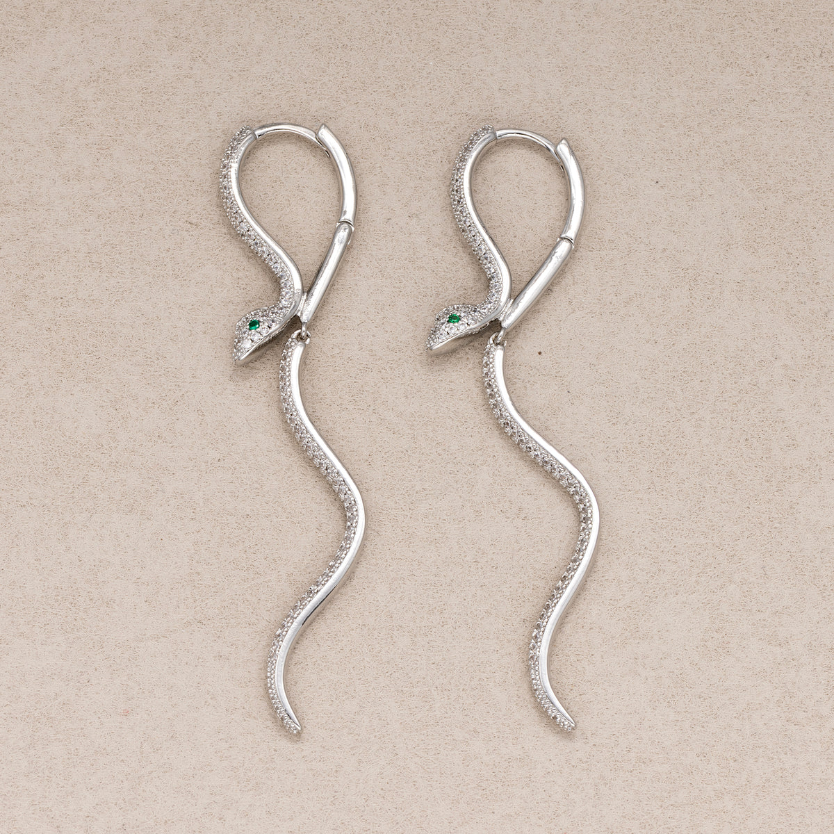 Rhodium Plated Micro Paved CZ Serpent Drop Hoop Earrings