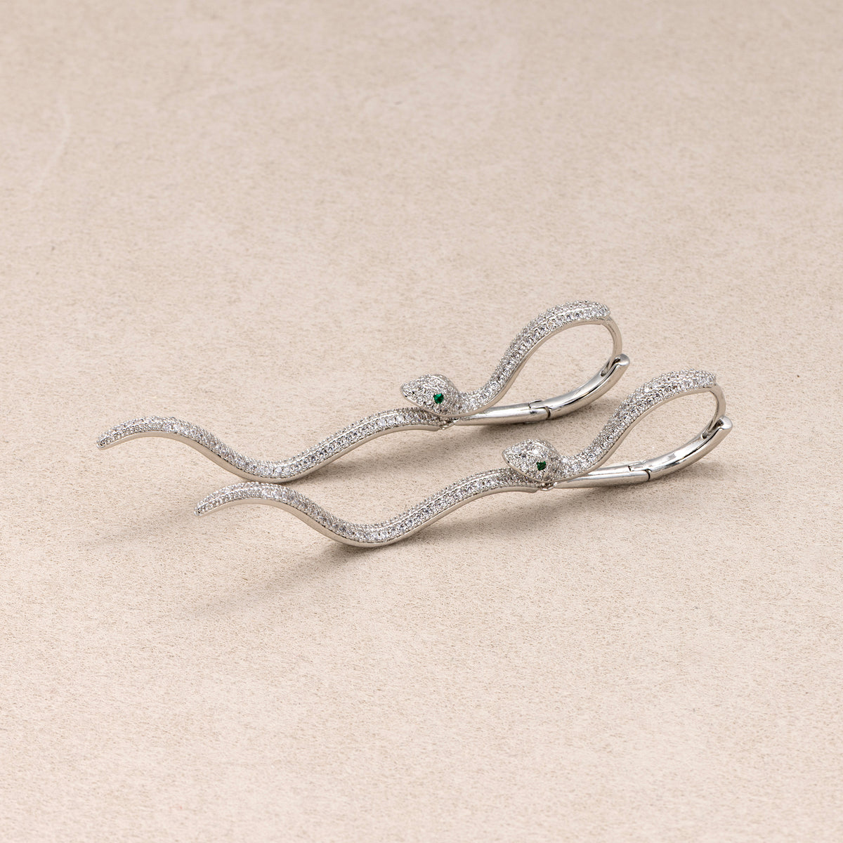 Rhodium Plated Micro Paved CZ Serpent Drop Hoop Earrings