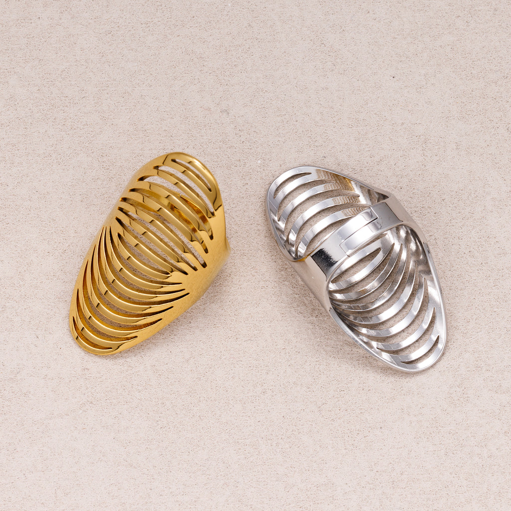 Gold PVD Stainless Steel Oval Multi Layer Hollow Adjustable Statement Ring