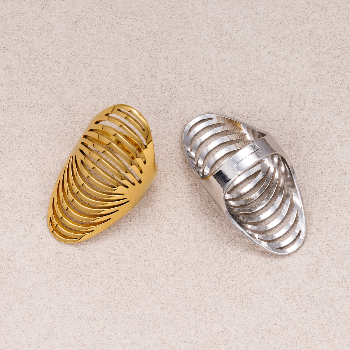 Gold PVD Stainless Steel Oval Multi Layer Hollow Adjustable Statement Ring