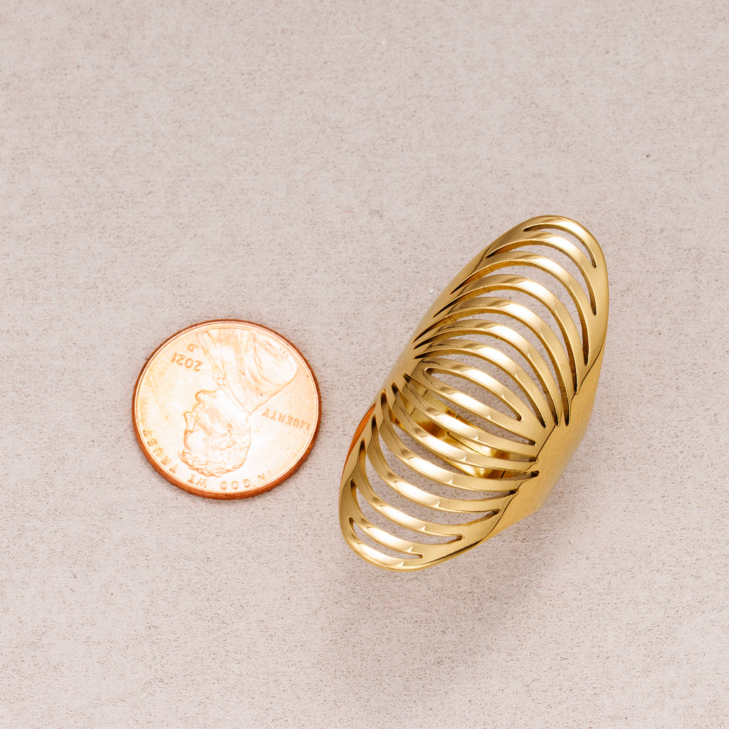 Gold PVD Stainless Steel Oval Multi Layer Hollow Adjustable Statement Ring