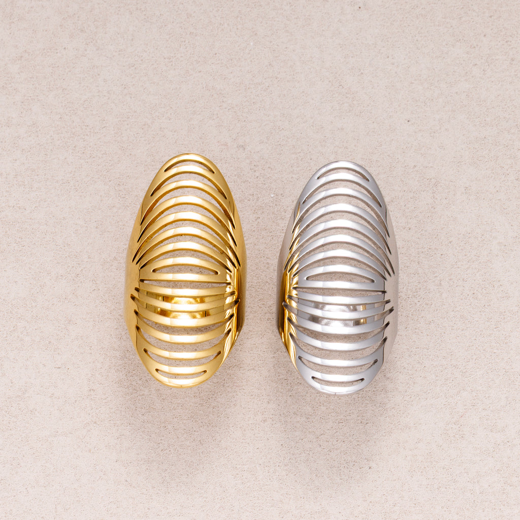 Gold PVD Stainless Steel Oval Multi Layer Hollow Adjustable Statement Ring