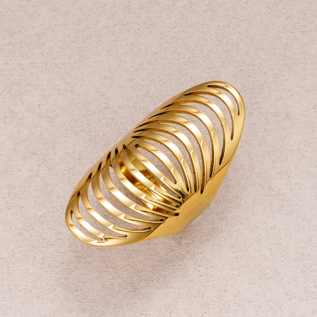 Gold PVD Stainless Steel Oval Multi Layer Hollow Adjustable Statement Ring