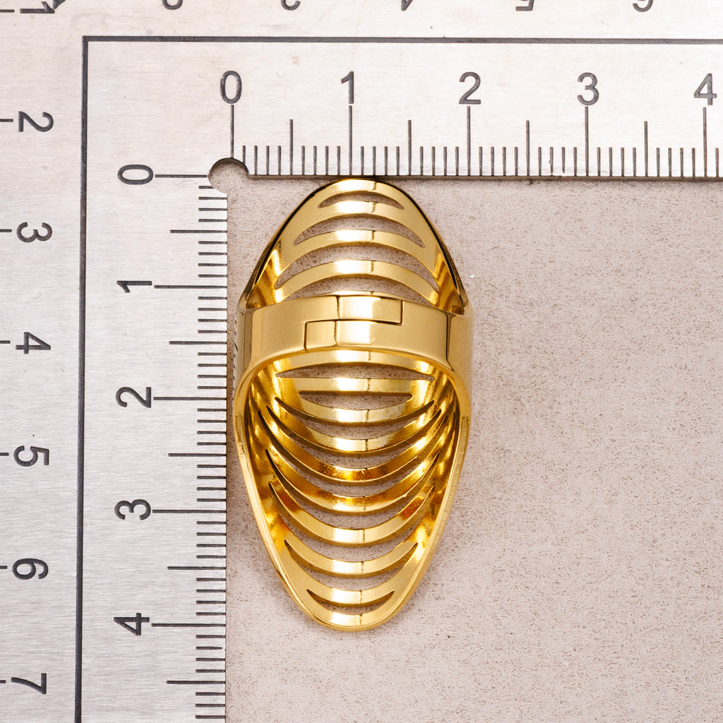 Gold PVD Stainless Steel Oval Multi Layer Hollow Adjustable Statement Ring