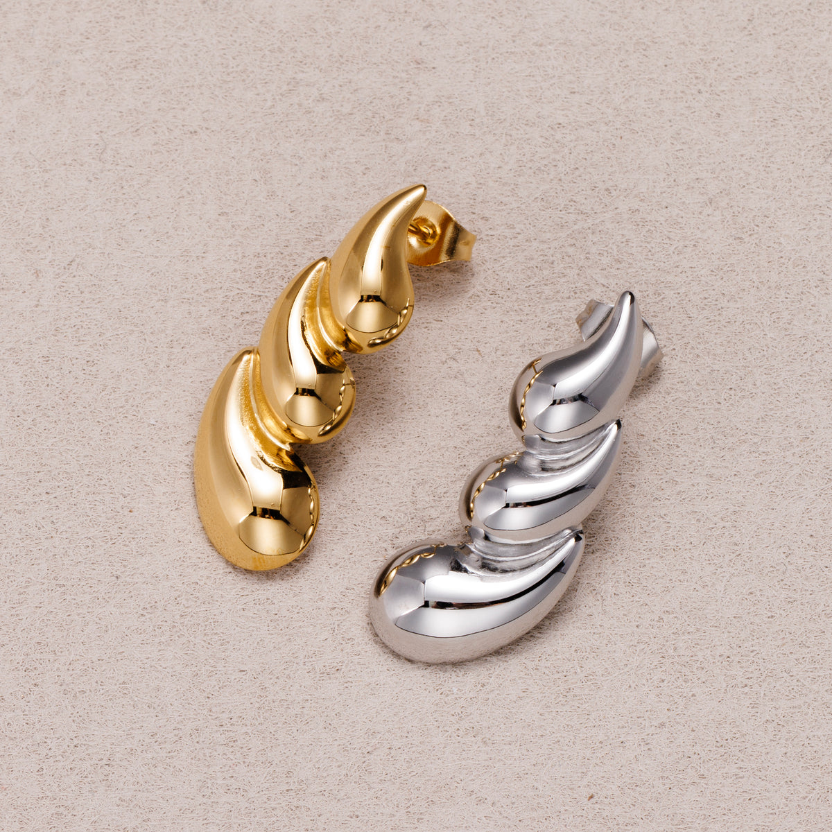 Gold PVD Stainless Triple Spiral Teardrop Stud Earrings