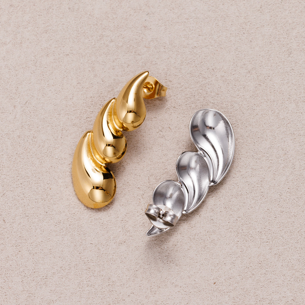 Gold PVD Stainless Triple Spiral Teardrop Stud Earrings