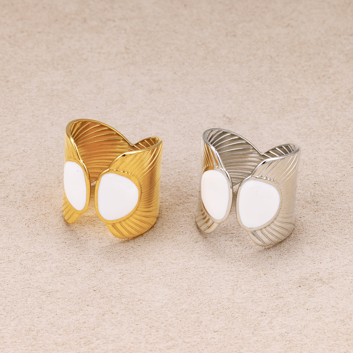 Gold PVD Stainless Steel White Enamel Textured Fan Statement Adjustable Ring