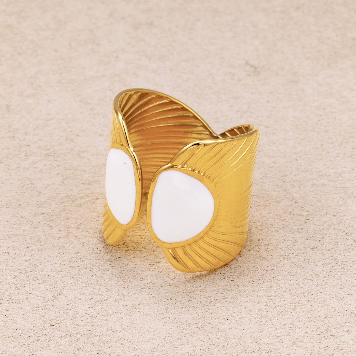 Gold PVD Stainless Steel White Enamel Textured Fan Statement Adjustable Ring
