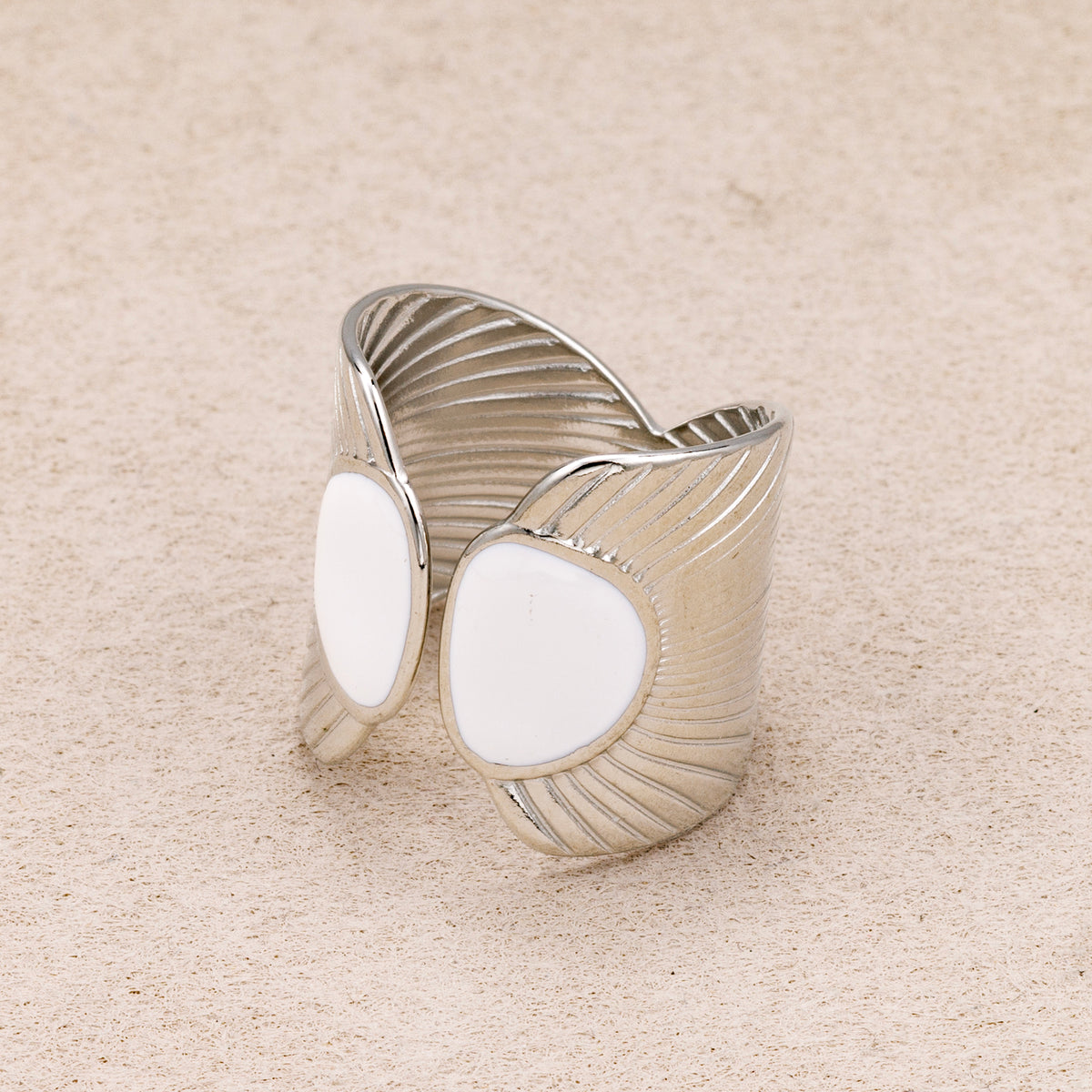 Gold PVD Stainless Steel White Enamel Textured Fan Statement Adjustable Ring