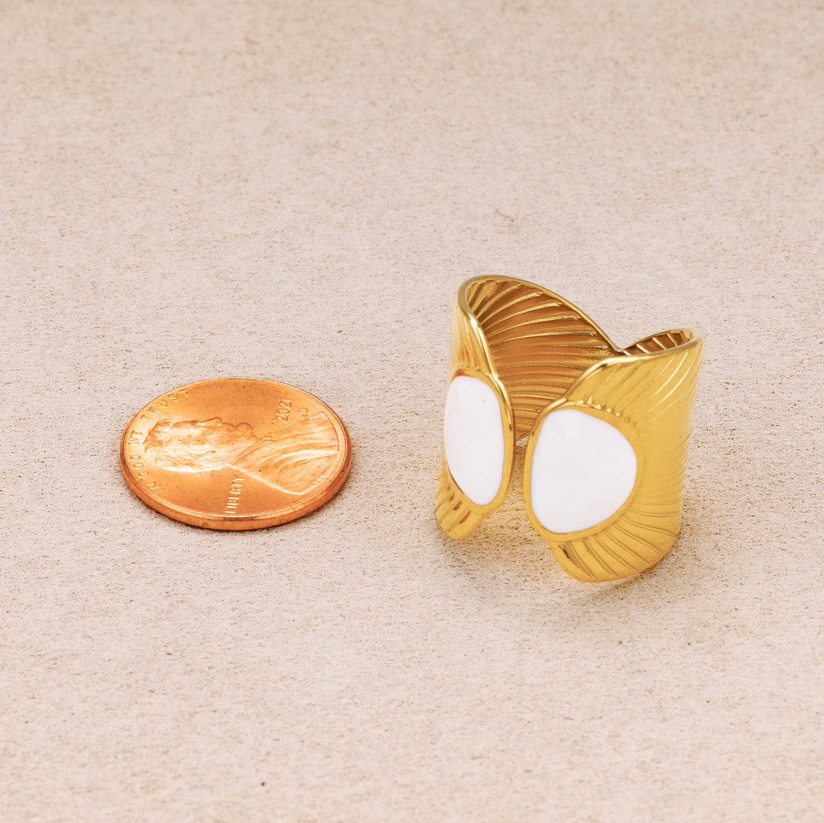 Gold PVD Stainless Steel White Enamel Textured Fan Statement Adjustable Ring