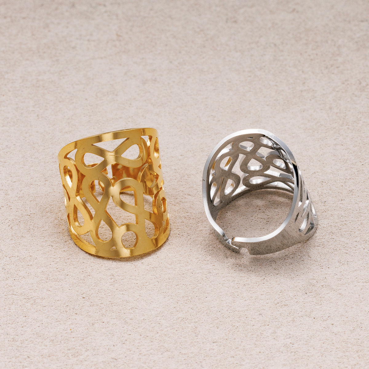 Gold PVD Stainless Steel Geometric Abstract Cut Wide Band Adjustable Ring