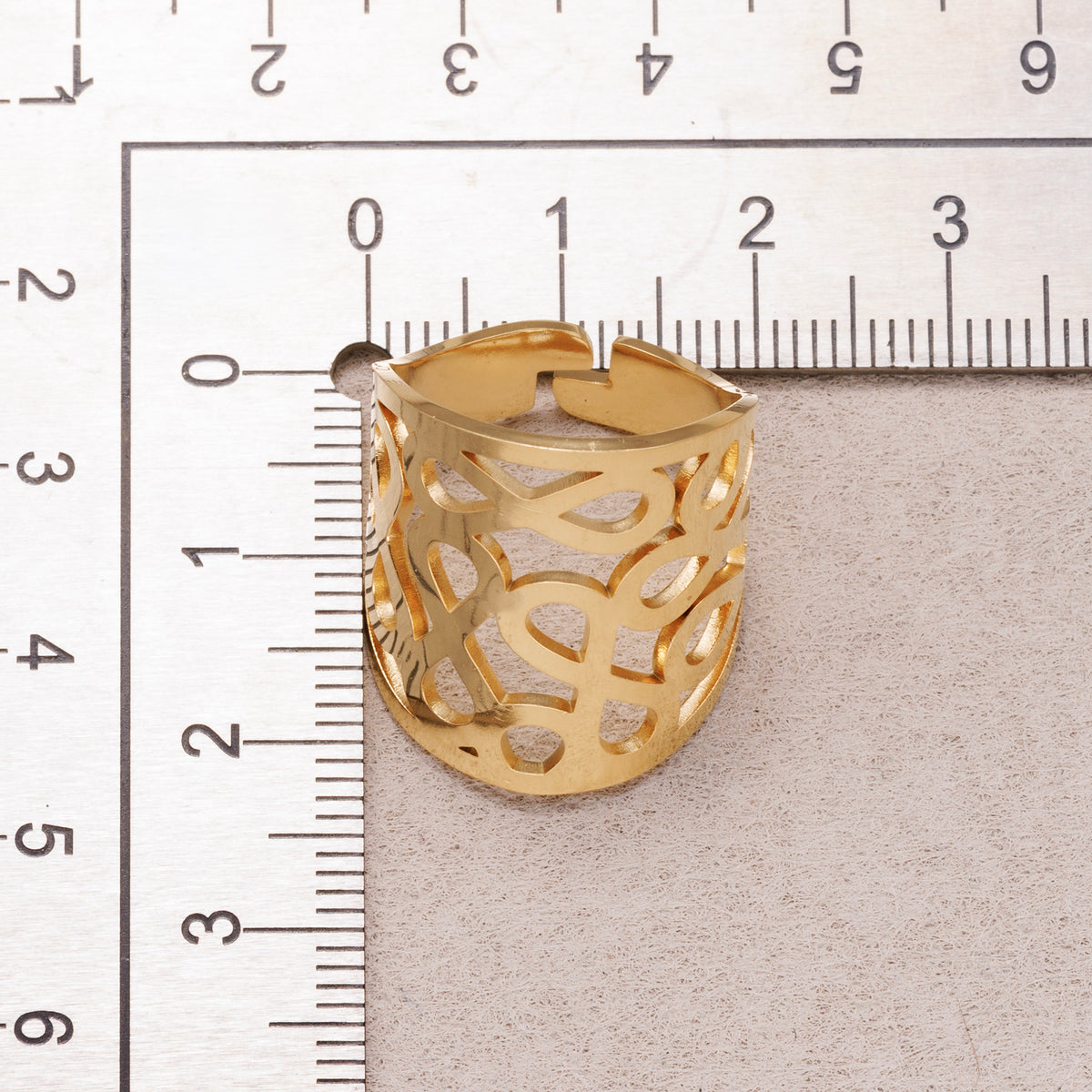 Gold PVD Stainless Steel Geometric Abstract Cut Wide Band Adjustable Ring