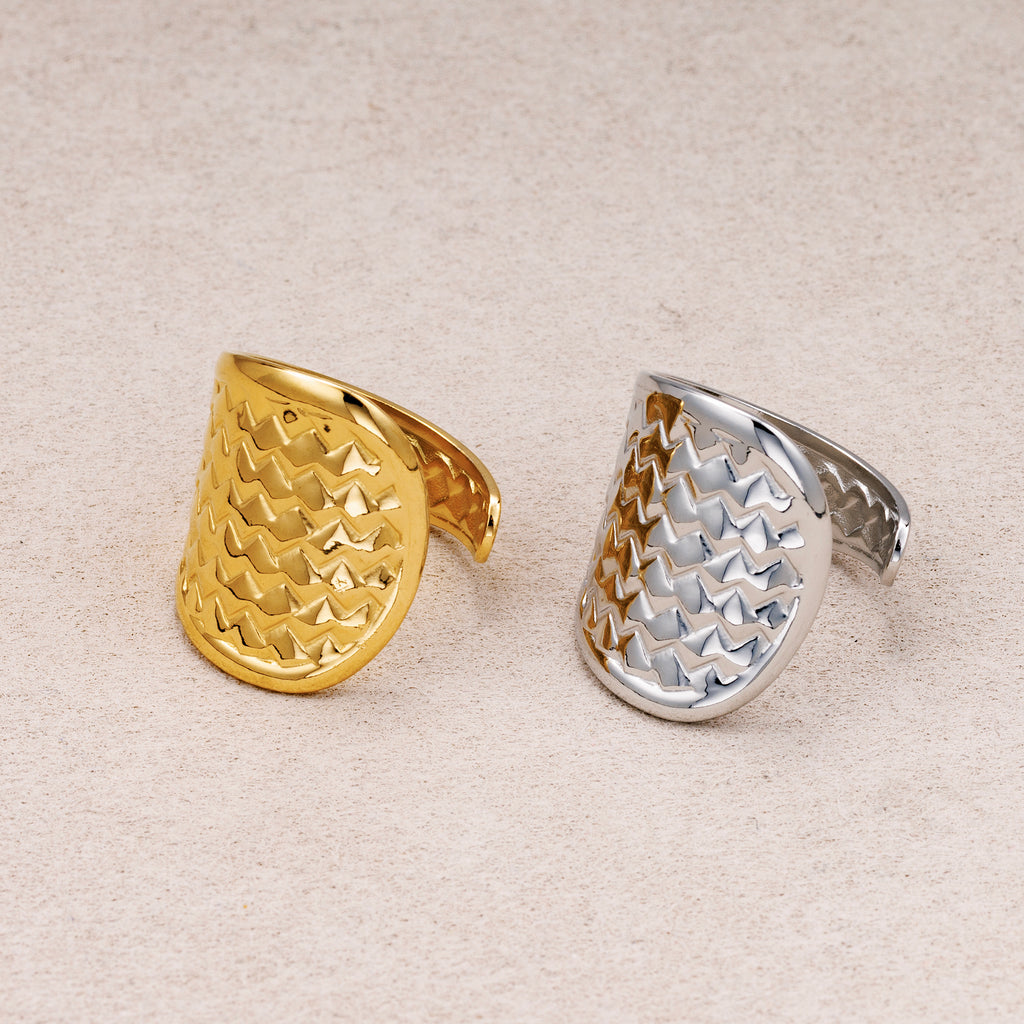 Gold PVD Stainless Steel Textured Shield Statement Adjustable Ring