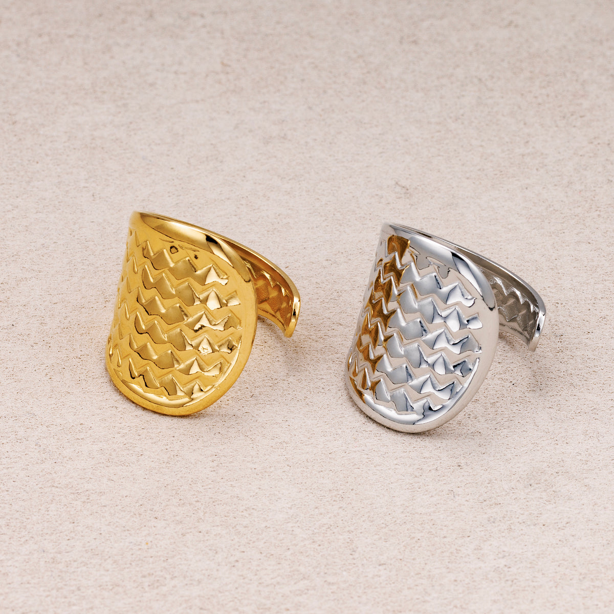 Gold PVD Stainless Steel Textured Shield Statement Adjustable Ring