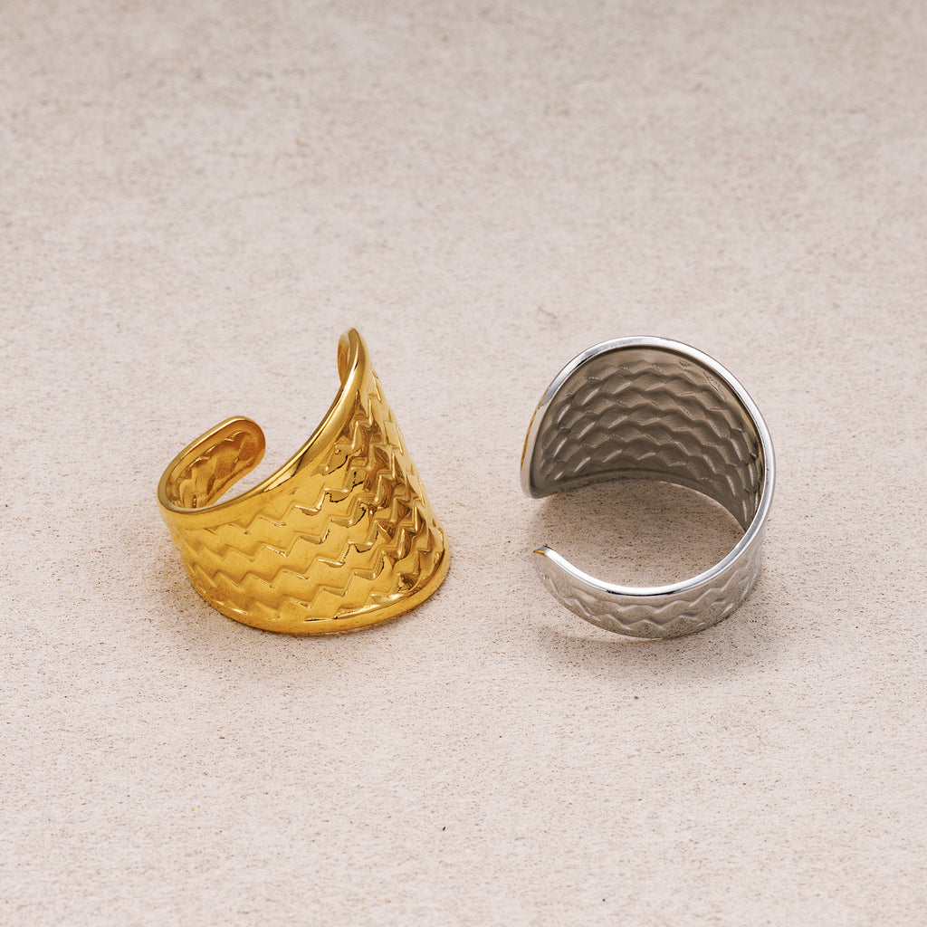 Gold PVD Stainless Steel Textured Shield Statement Adjustable Ring