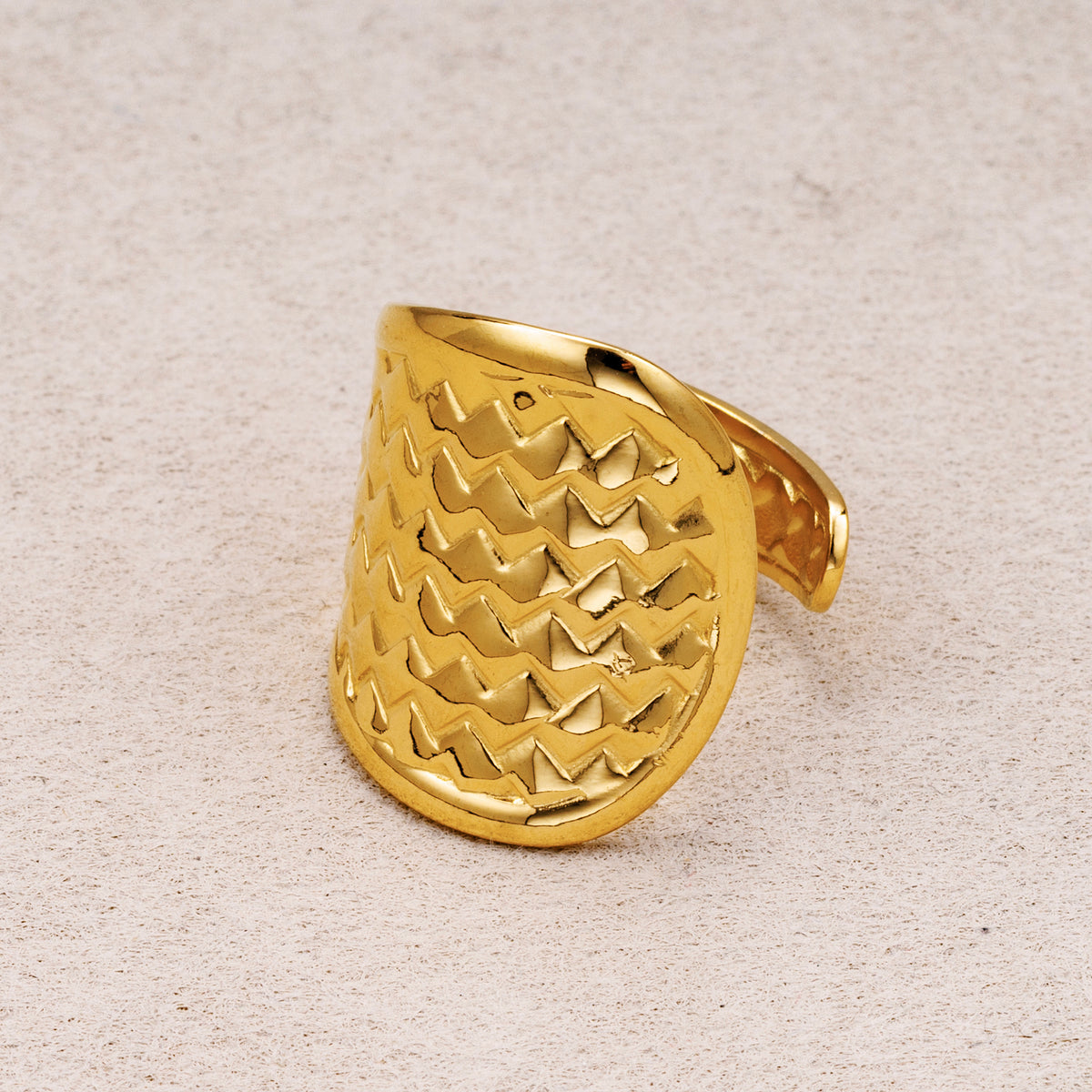 Gold PVD Stainless Steel Textured Shield Statement Adjustable Ring
