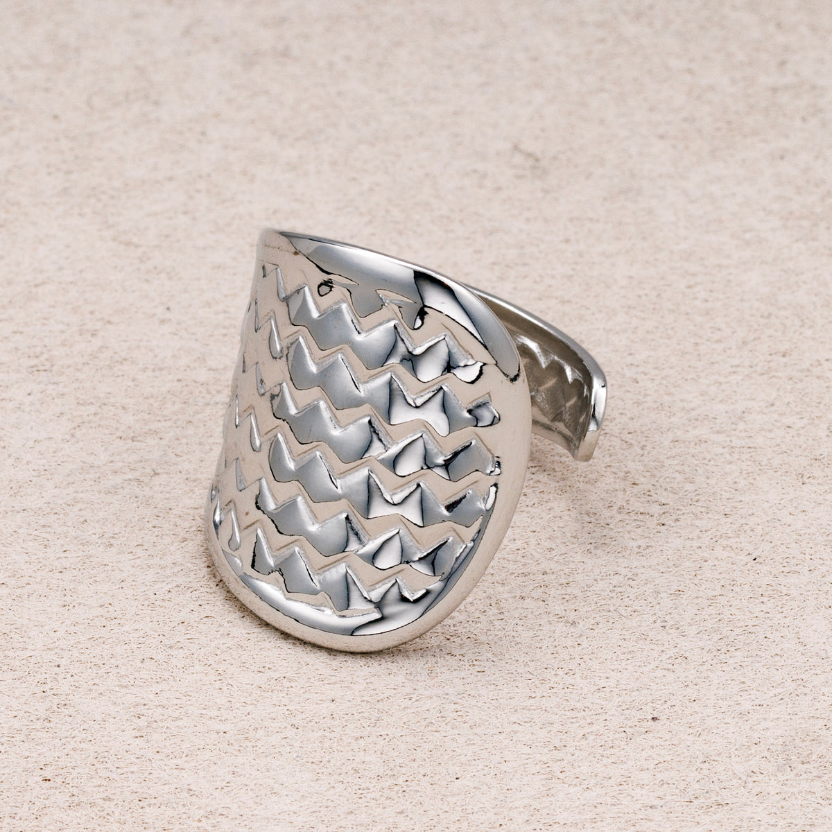 Gold PVD Stainless Steel Textured Shield Statement Adjustable Ring