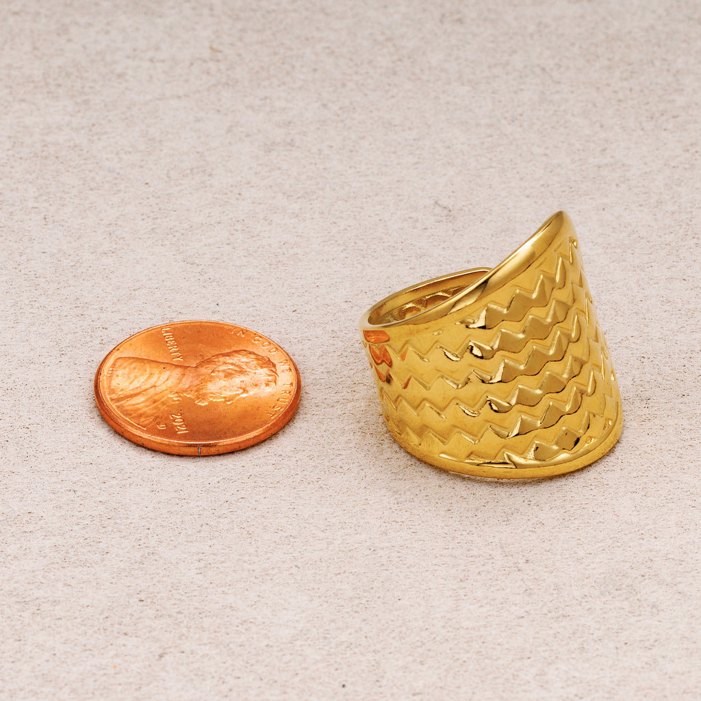 Gold PVD Stainless Steel Textured Shield Statement Adjustable Ring