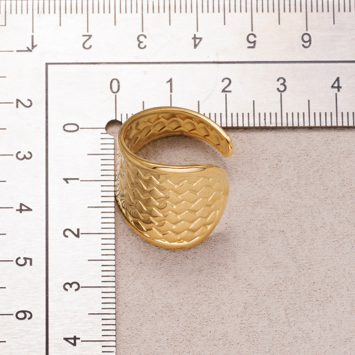 Gold PVD Stainless Steel Textured Shield Statement Adjustable Ring