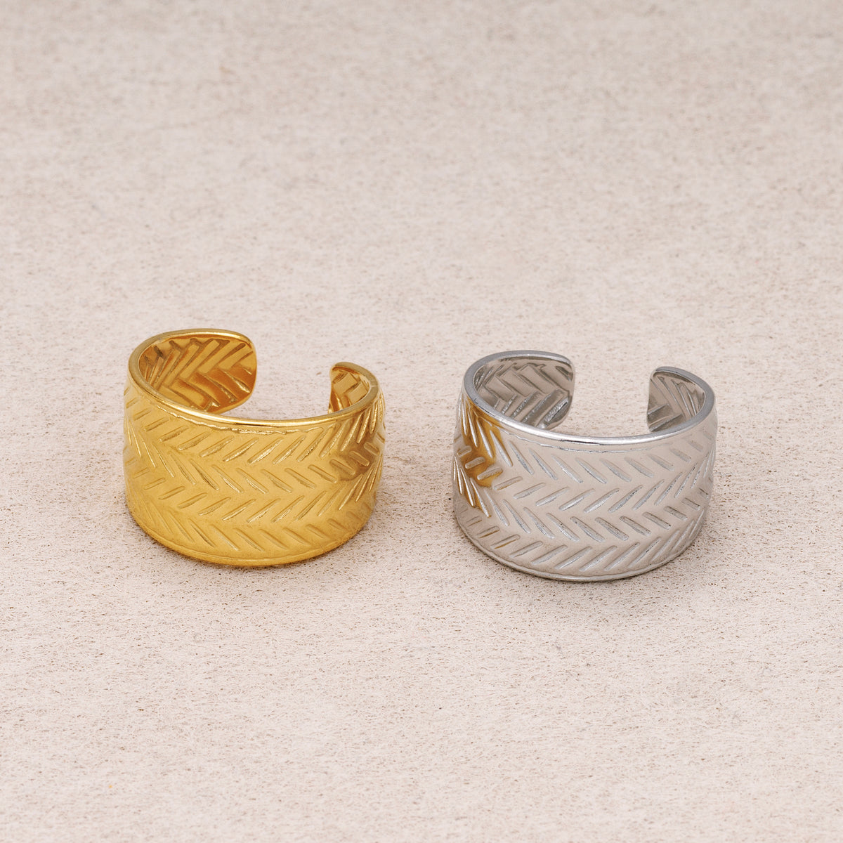 Gold PVD Stainless Steel Herringbone Textured Wide Band Open Adjustable Ring