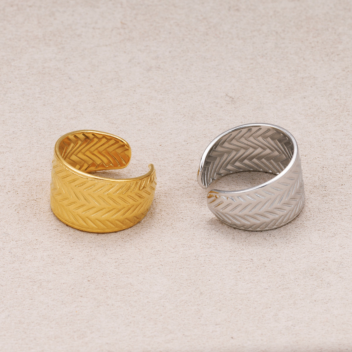Gold PVD Stainless Steel Herringbone Textured Wide Band Open Adjustable Ring