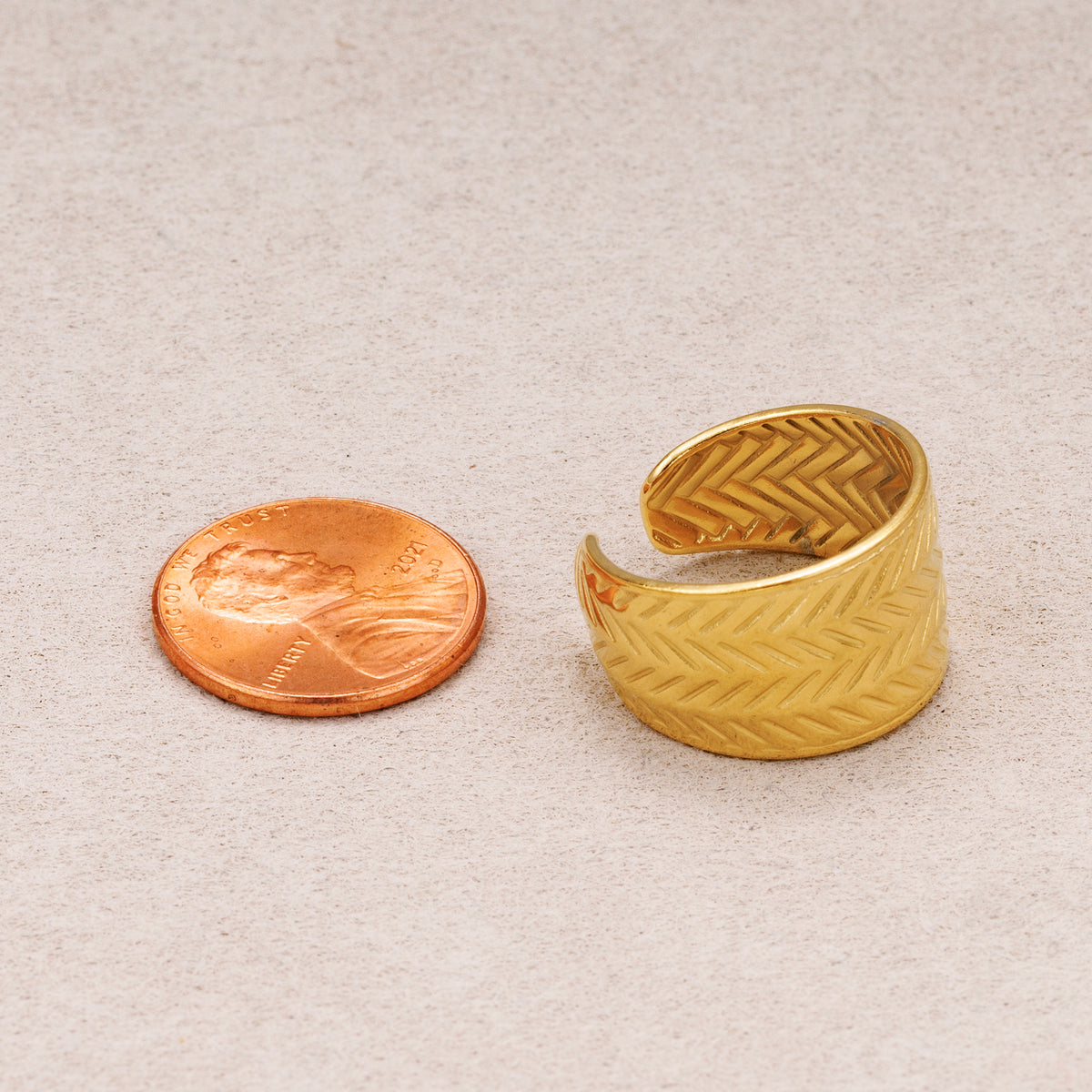 Gold PVD Stainless Steel Herringbone Textured Wide Band Open Adjustable Ring