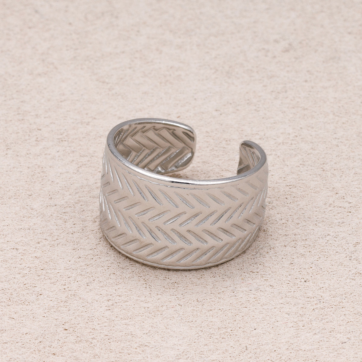 Gold PVD Stainless Steel Herringbone Textured Wide Band Open Adjustable Ring