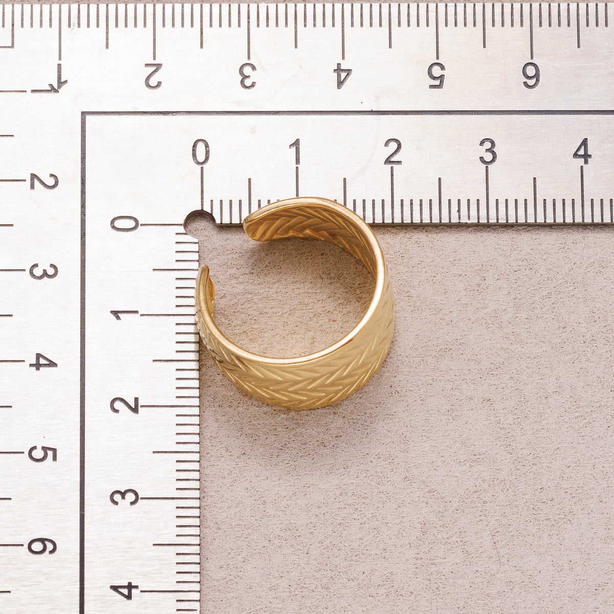 Gold PVD Stainless Steel Herringbone Textured Wide Band Open Adjustable Ring