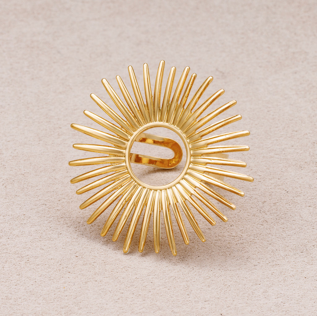 Gold PVD Stainless Steel Celestial Sunburst Statement Adjustable Ring