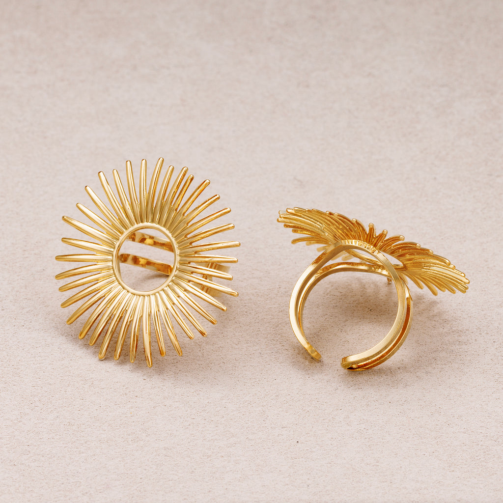 Gold PVD Stainless Steel Celestial Sunburst Statement Adjustable Ring