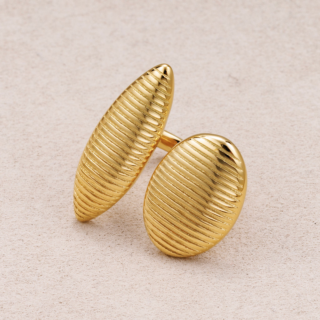 Gold PVD Stainless Steel Ribbed Ellipse and Oval Adjustable Ring