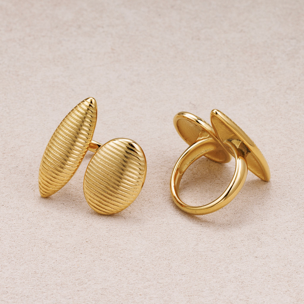 Gold PVD Stainless Steel Ribbed Ellipse and Oval Adjustable Ring