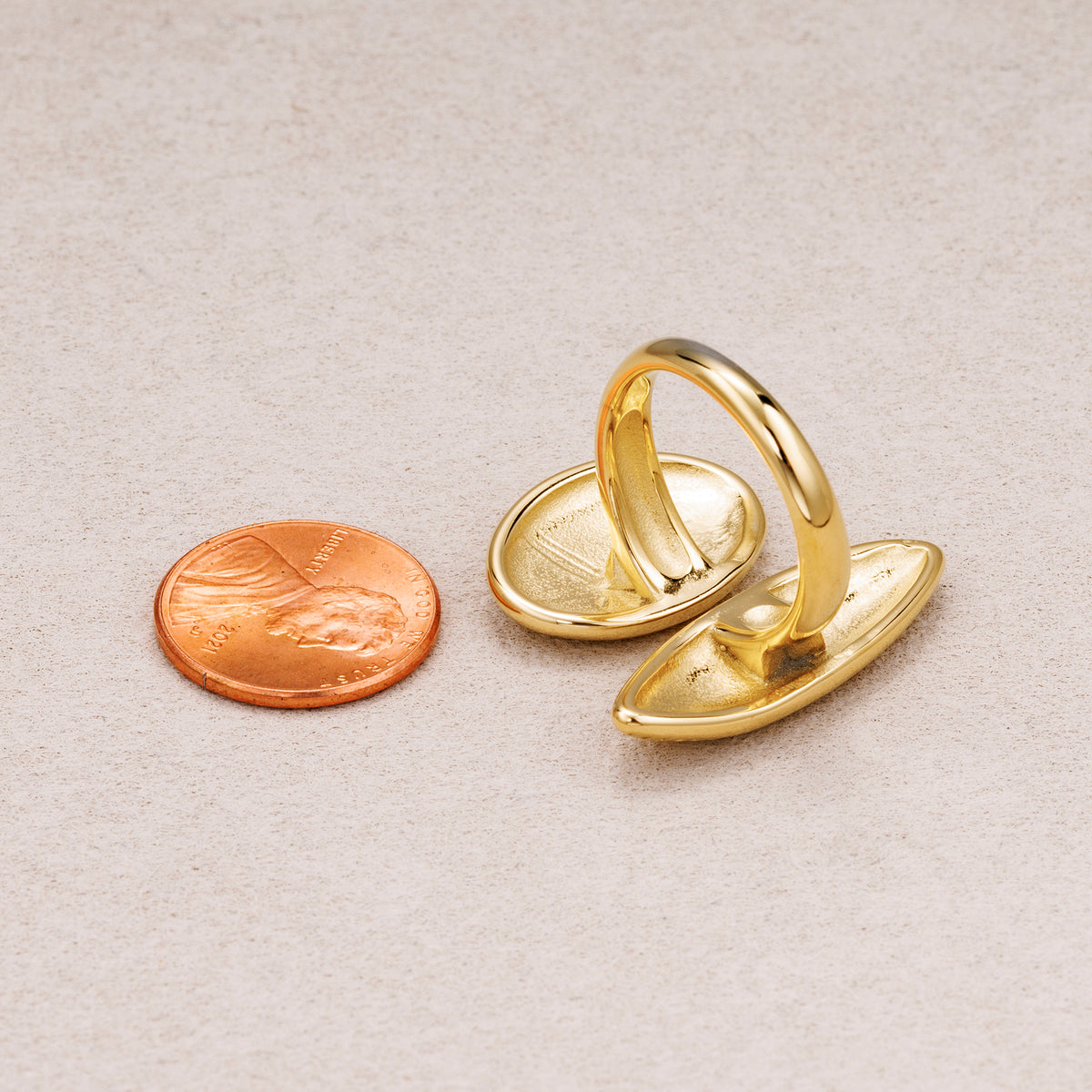 Gold PVD Stainless Steel Ribbed Ellipse and Oval Adjustable Ring