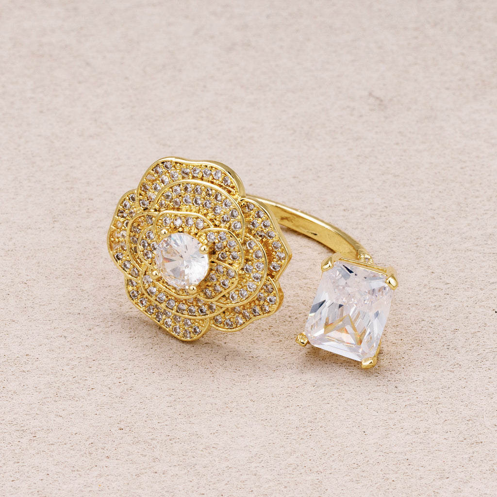 24K Gold Plated Micro Paved CZ Baguette Flower Statement Adjustable Ring