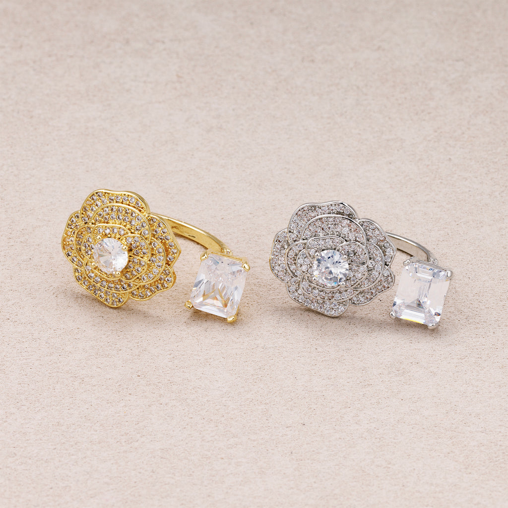 24K Gold Plated Micro Paved CZ Baguette Flower Statement Adjustable Ring