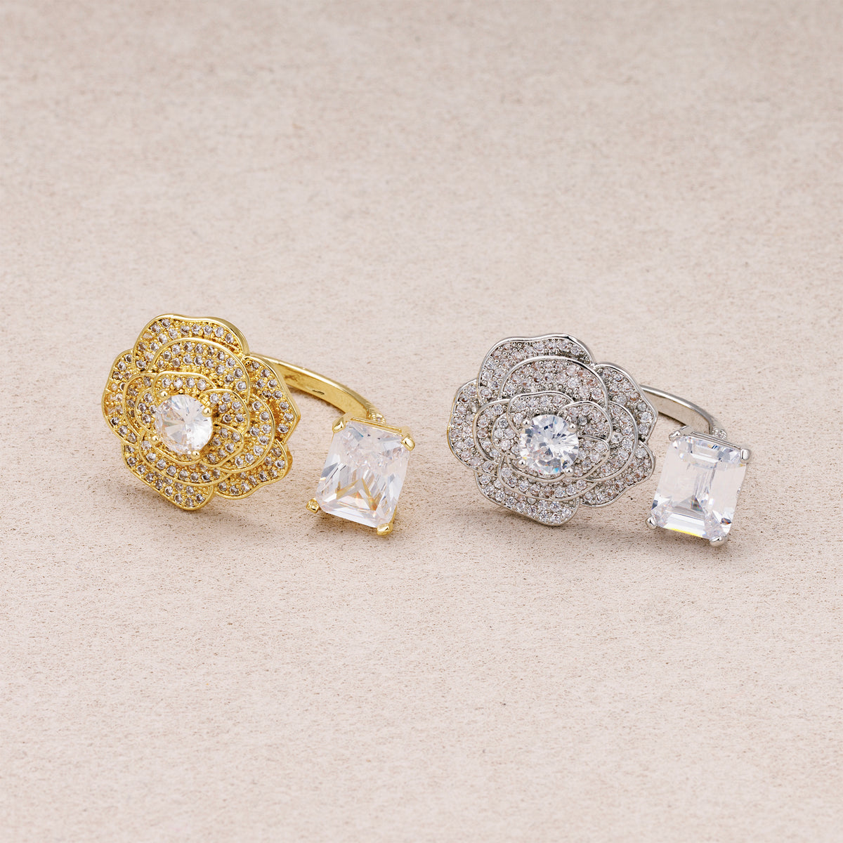 24K Gold Plated Micro Paved CZ Baguette Flower Statement Adjustable Ring