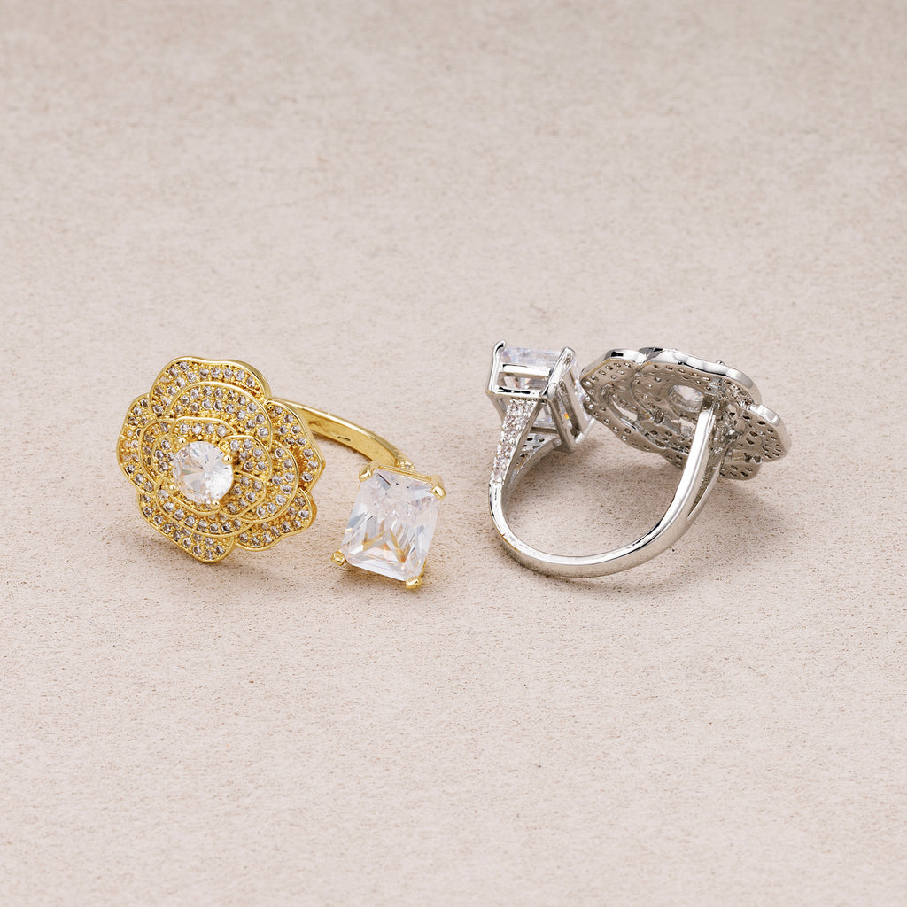24K Gold Plated Micro Paved CZ Baguette Flower Statement Adjustable Ring